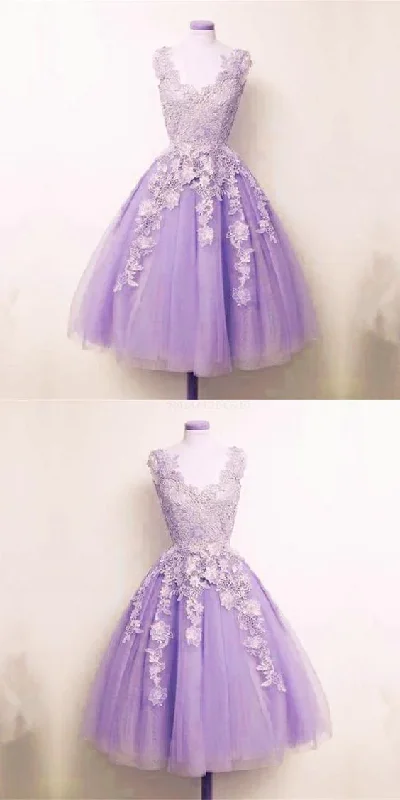 Appliques Homecoming Dress Lilac Tulle Lace Appliques A-line Short Homecoming Dress c3220