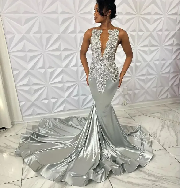 Silver Diamond Sparkly Long Prom Formal Dresses for Black Girl Luxury Crystal Gillter Mermaid Evening Gown vestido rojo sirena Silver Diamond Sparkly Long Prom Formal Dresses for Black Girl Luxury Crystal Gillter Mermaid Evening Gown vestido rojo sirena