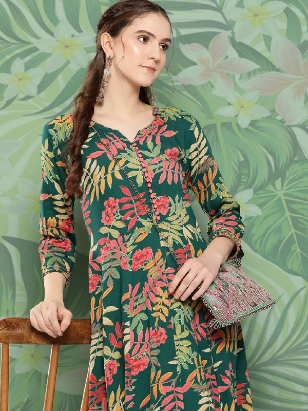 InWeave Women's Green Tropical Print Gota Long Dress