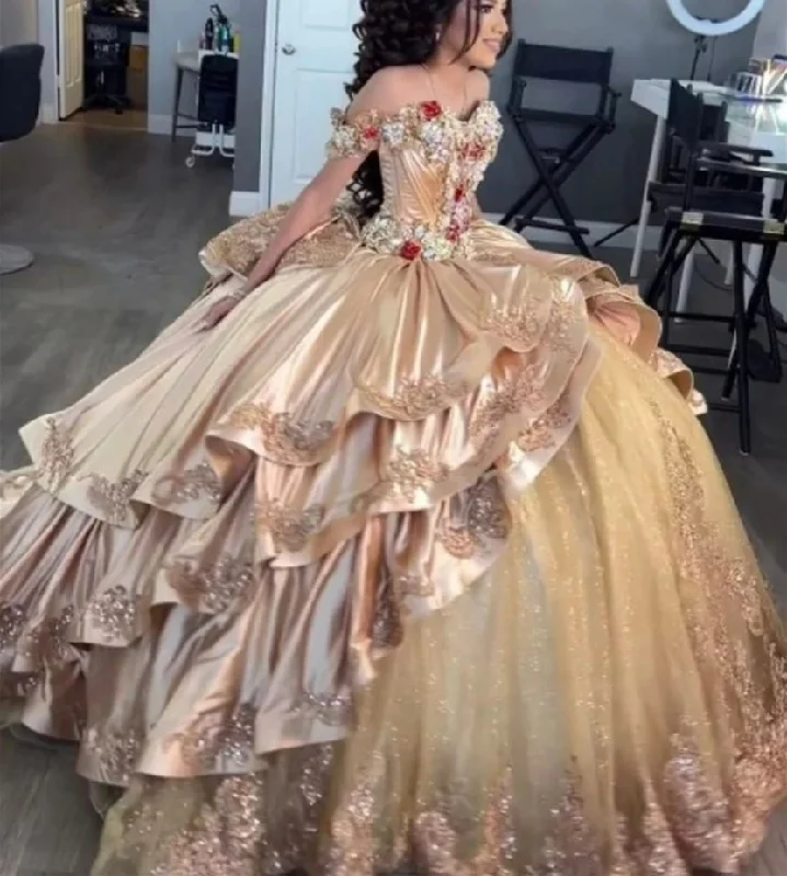 Princess Mexico 2024 Champagne Gold Quinceanera Dresses Off The Shoulder Satin Ruffels Ball Gown Sweet 16 Dresses vestidos Princess Mexico 2024 Champagne Gold Quinceanera Dresses Off The Shoulder Satin Ruffels Ball Gown Sweet 16 Dresses vestidos