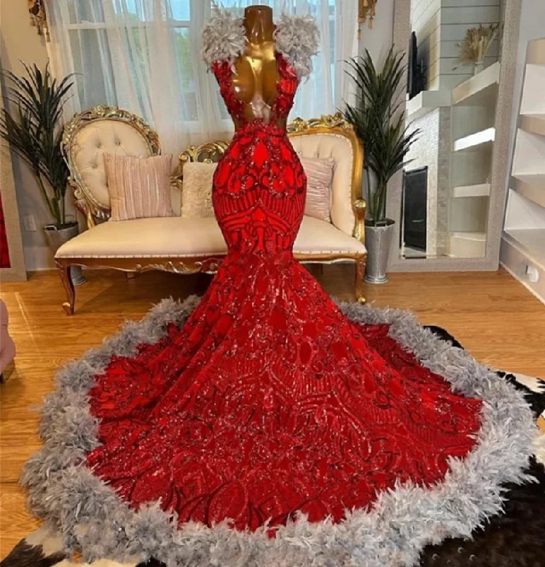 Luxury Red Sequined Lace Grey Feather Prom Dresses 2024 For Birthday Party Mermaid Black Girls Evening Dresses Wedding vestidos Luxury Red Sequined Lace Grey Feather Prom Dresses 2024 For Birthday Party Mermaid Black Girls Evening Dresses Wedding vestidos