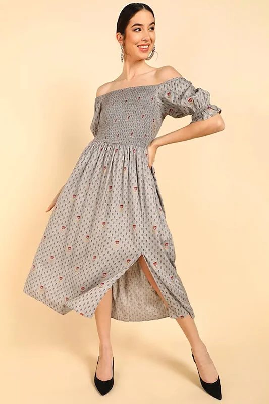 Women's Taupe Cotton Geometric A-Line Dress - Rasiya
