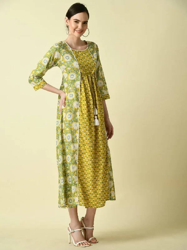 Myshka Women's Yellow Floral Printed Gown Dress