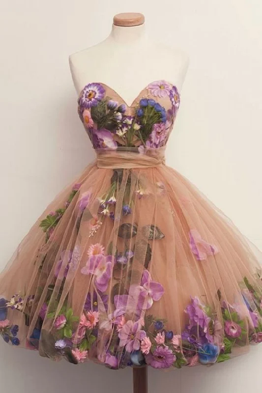 A-Line Sweetheart Above-Knee Champagne Tulle Homecoming Dress with Flowers c2707