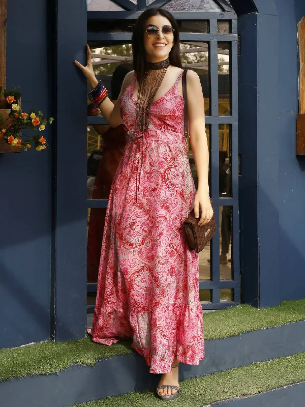 Pink Rayon Foil Printed Long Dress - Michan