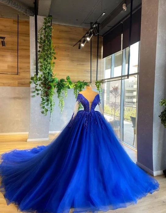 long sleeve royal blue prom dresses ball gown lace applique beaded vintage tulle elegant princess prom gown C2241 long sleeve royal blue prom dresses ball gown lace applique beaded vintage tulle elegant princess prom gown C2241
