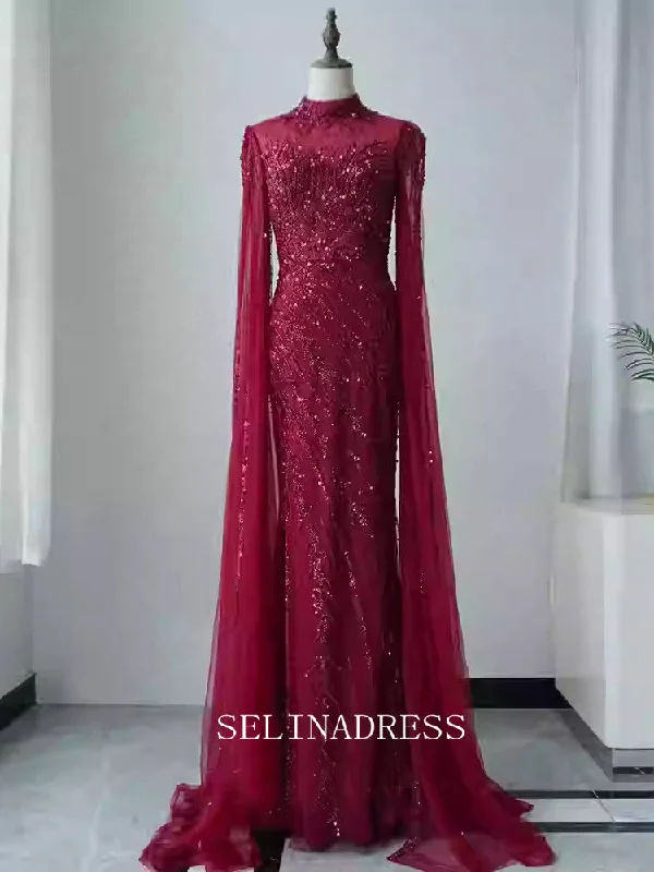 Chic Mermaid High Neck Long Sleeve Beaded Prom Dresses Elegant Evening Dress TKL3088