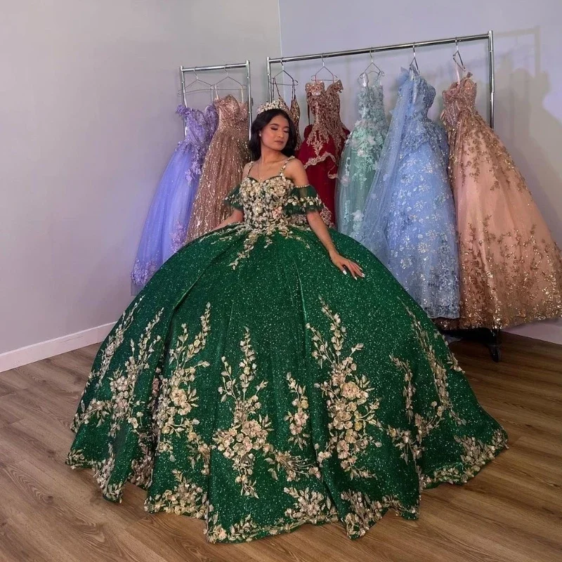Green Shiny Spaghetti Strap Ball Gown Quinceanera Dresses Gold Lace Appliques Flowers Corset Back Formal Birthday Vestidos De 15 Green Shiny Spaghetti Strap Ball Gown Quinceanera Dresses Gold Lace Appliques Flowers Corset Back Formal Birthday Vestidos De 15