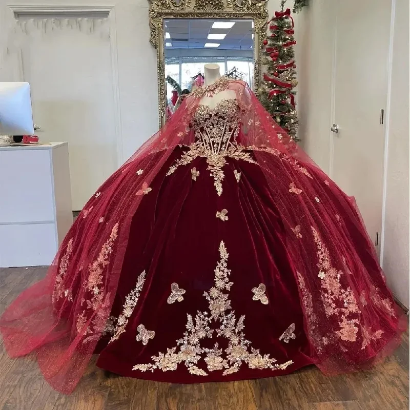 Burgundy Off-Shoulder Quinceanera Dresses With Cape Vestidos De 15 Anos 3D Lace Masquerade Birthday Party Gowns Burgundy Off-Shoulder Quinceanera Dresses With Cape Vestidos De 15 Anos 3D Lace Masquerade Birthday Party Gowns