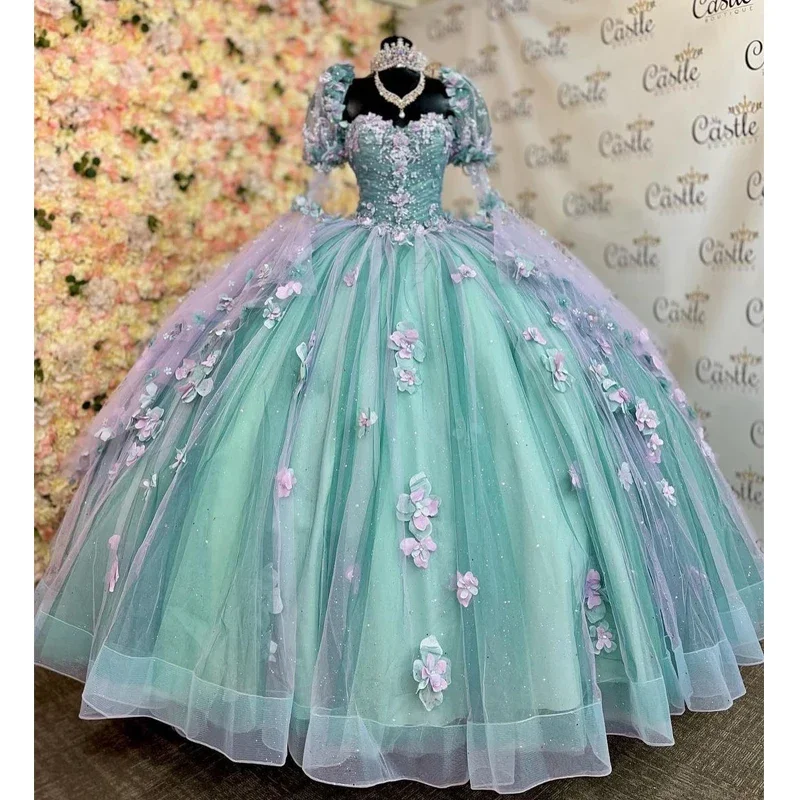 Mint Blue Quinceanera Dresses 2024 Half Sleeve Ball Gown Appliques Beading Sweet 16 15 Dress Vestidos De Fiesta Mint Blue Quinceanera Dresses 2024 Half Sleeve Ball Gown Appliques Beading Sweet 16 15 Dress Vestidos De Fiesta