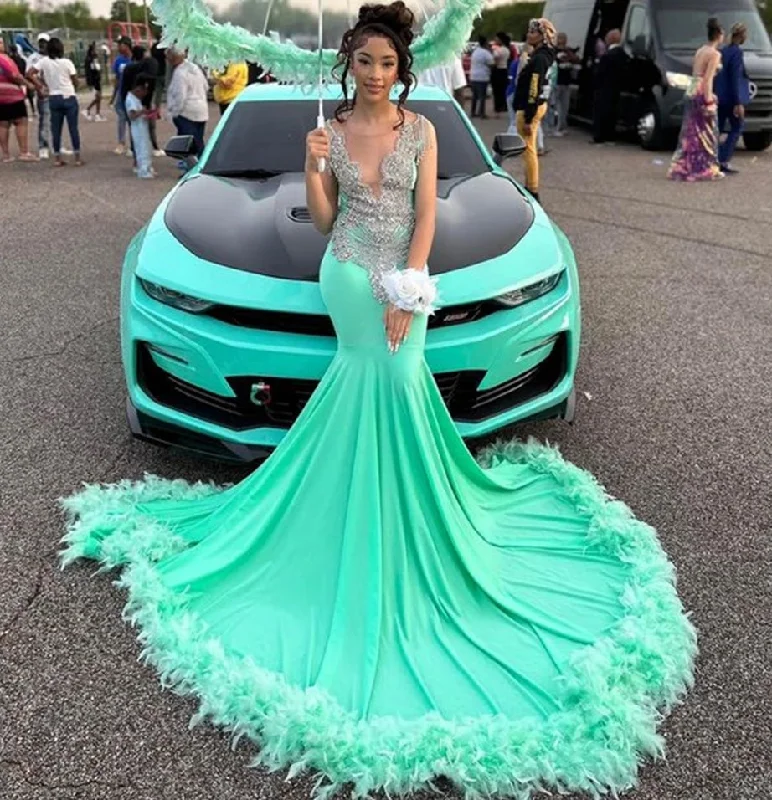 Mint Green Feathers Sliver Crystal Beading Prom Dresses 2024 Luxury Gowns Mermaid Dress For Party Wedding Evening O Neck Formal Mint Green Feathers Sliver Crystal Beading Prom Dresses 2024 Luxury Gowns Mermaid Dress For Party Wedding Evening O Neck Formal