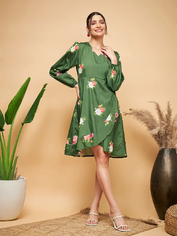 InWeave Women's Green Small Flower Belted Dress