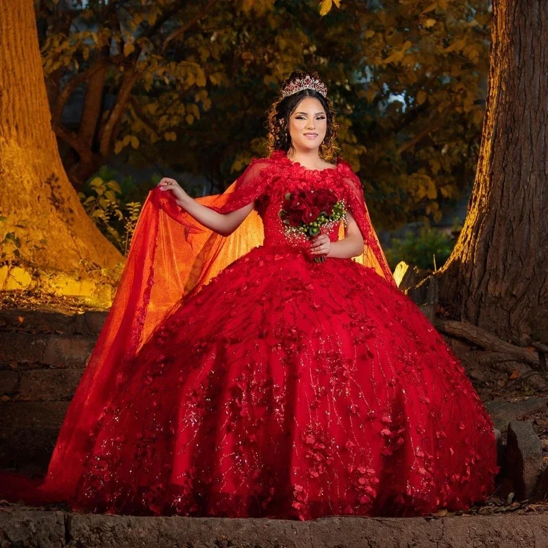Red Shiny Off The Shoulder Quinceanera Dresses Ball Gown Appliques Lace Handmade Flowers Beads With Cape Sweet 15 Party Wear Red Shiny Off The Shoulder Quinceanera Dresses Ball Gown Appliques Lace Handmade Flowers Beads With Cape Sweet 15 Party Wear