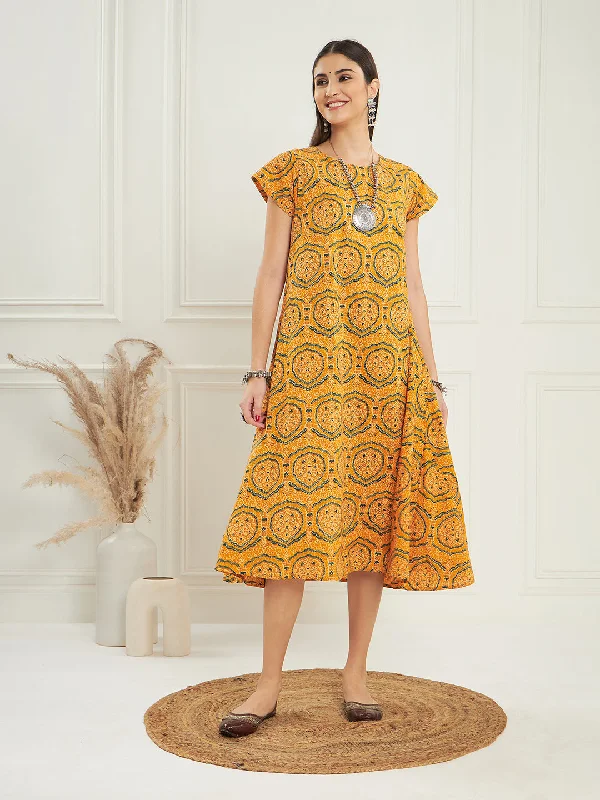 InWeave Women's Haldi Yellow Mughal Kalamkari A Line Dress