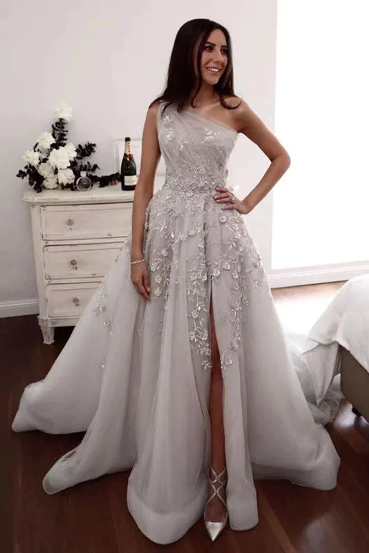 Elegant One Shoulder Floral Appliques A-line Wedding Gowns, Newest Long Prom Dresses DM1945 Elegant One Shoulder Floral Appliques A-line Wedding Gowns, Newest Long Prom Dresses DM1945