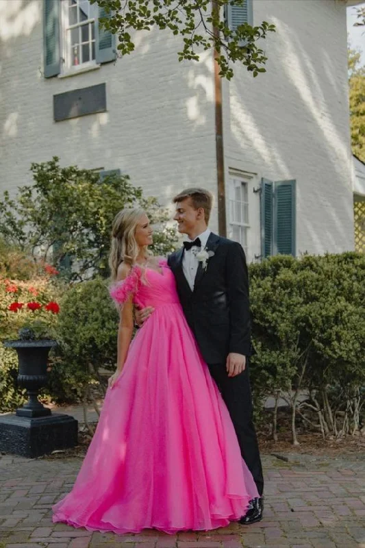 princess off the shoulder hot pink prom dress with feather long tulle fromal dress C980 princess off the shoulder hot pink prom dress with feather long tulle fromal dress C980