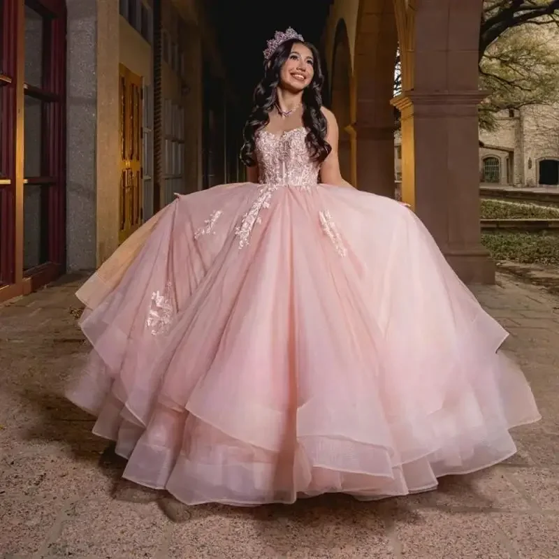 Pink Princess Quinceanera Dresses Off Shoulder Lace Appliques Tull Ball Gown Sweet 16 17 Birthday vestidos de 15 quinceañera Pink Princess Quinceanera Dresses Off Shoulder Lace Appliques Tull Ball Gown Sweet 16 17 Birthday vestidos de 15 quinceañera