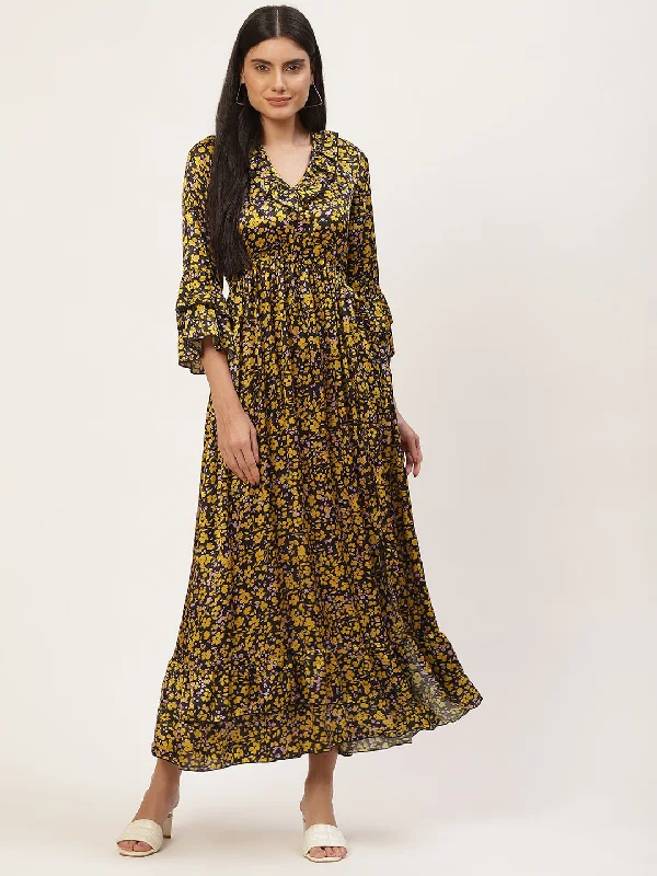 InWeave Women's Mustard Print Ruffled Dress