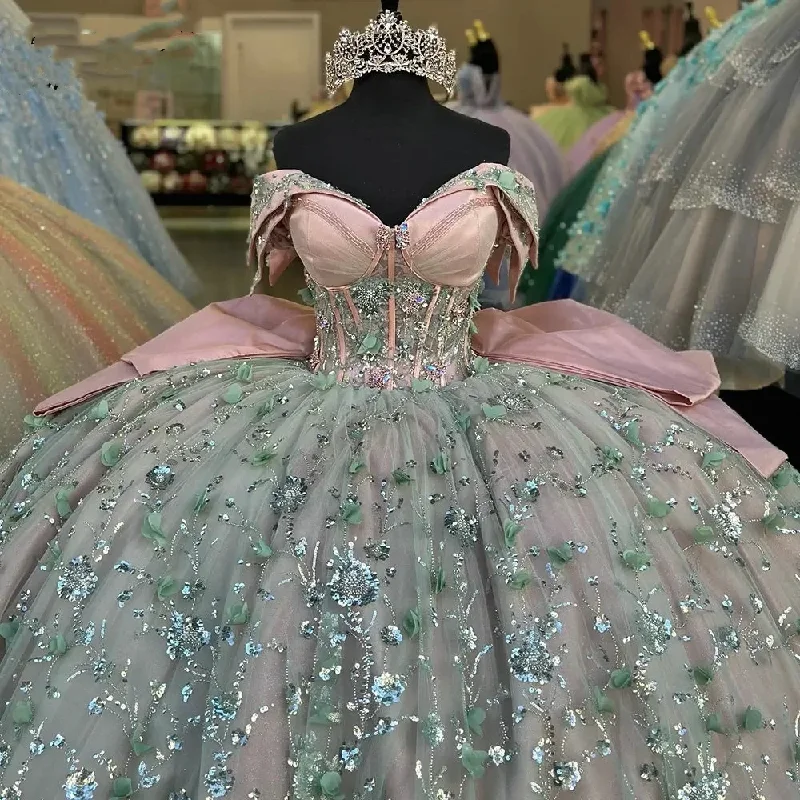 Gorgeous 3D Flowers Bow Quinceanera Dresses Ball Gown Off The Shoulder Sequined Lace Beading Sweet 15 Vestidos De XV Anos Gorgeous 3D Flowers Bow Quinceanera Dresses Ball Gown Off The Shoulder Sequined Lace Beading Sweet 15 Vestidos De XV Anos