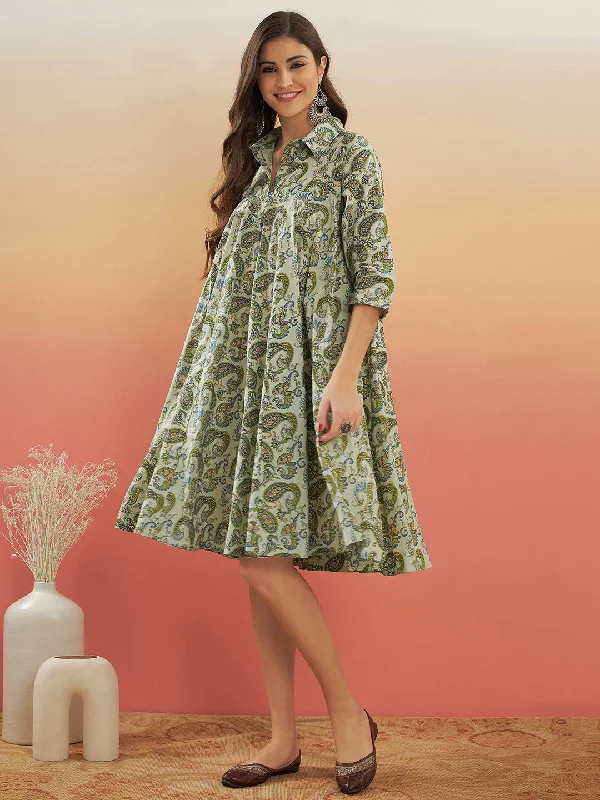 InWeave Women's Sage Green Paisley Print Flared Dress