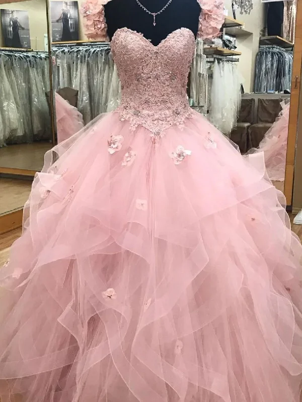Pink Sweetheart neck tulle lace long prom dress, sweet 16 dress c3249