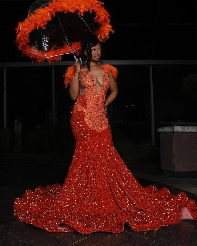 Elegant 2024 Orange Sequined Mermaid Prom Dresses With Crystal Beading Feathers Shoulder Brithday Part y Gowns For Black Girl Elegant 2024 Orange Sequined Mermaid Prom Dresses With Crystal Beading Feathers Shoulder Brithday Part y Gowns For Black Girl