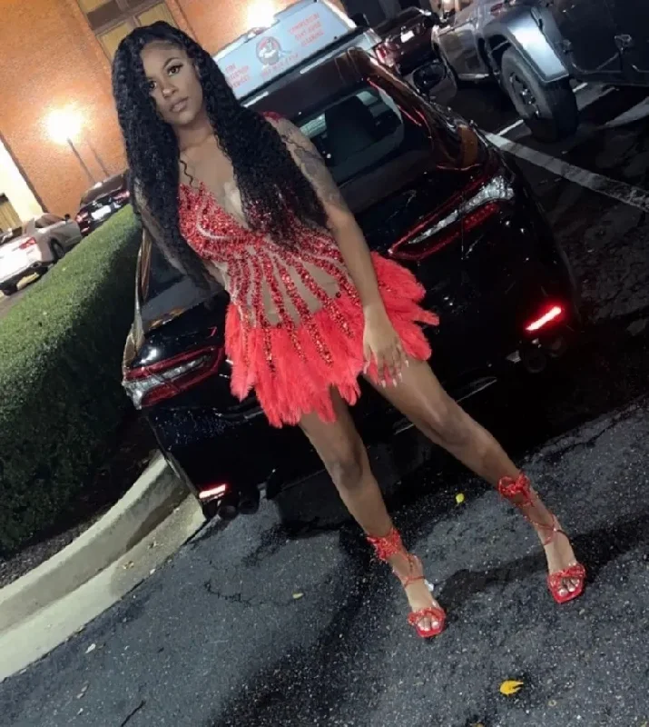 Sexy See Through Birthday Dresses For Black Girls Rhinestone Short Prom Gowns Feathers Party Wear Red Vestidos De Gala Para Sexy See Through Birthday Dresses For Black Girls Rhinestone Short Prom Gowns Feathers Party Wear Red Vestidos De Gala Para