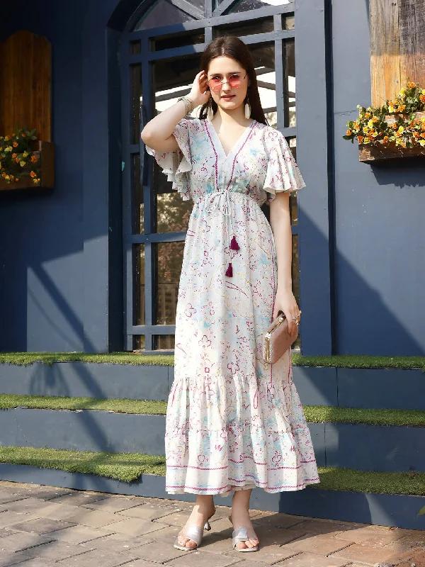 Off white Rayon Foil Printed Long Dress - Michan