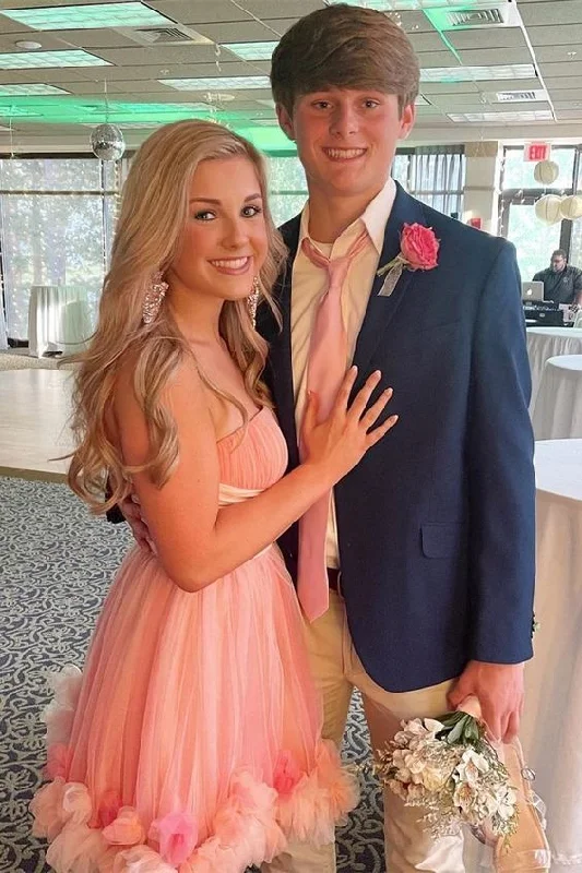 Stapless Peach Short Tulle Homecoming Dress with Flowers C795
