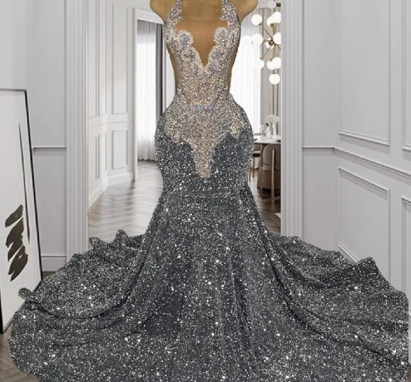 Luxury Silver Diamonds Long Prom Dress 2024 For Black Girls Halter Beads Crystals Rhinestones Birthday Party Wedding Reception Luxury Silver Diamonds Long Prom Dress 2024 For Black Girls Halter Beads Crystals Rhinestones Birthday Party Wedding Reception