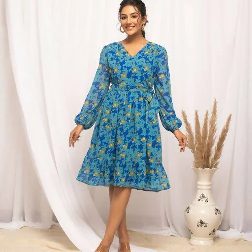 FIORRA Women's Navy Blue Georgette Floral Printed Western Dress