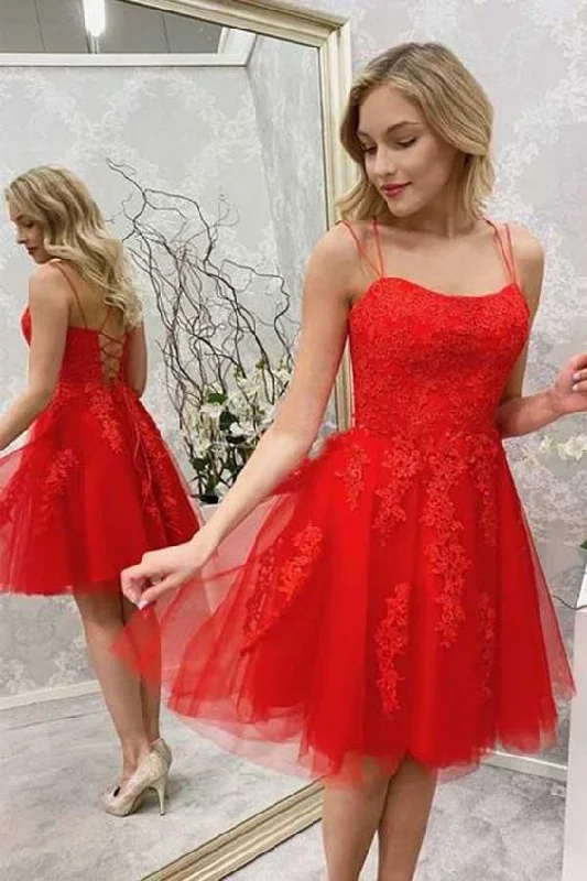 Red Lace Applique Spaghetti Straps Homecoming Dresses, Red Tulle Short Prom Dress C1452 Red Lace Applique Spaghetti Straps Homecoming Dresses, Red Tulle Short Prom Dress C1452