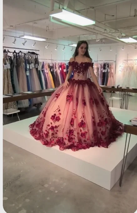 Red tulle flower strapless off the shoulder long train prom ball gown Sweet 16 Dress c2754 Red tulle flower strapless off the shoulder long train prom ball gown Sweet 16 Dress c2754