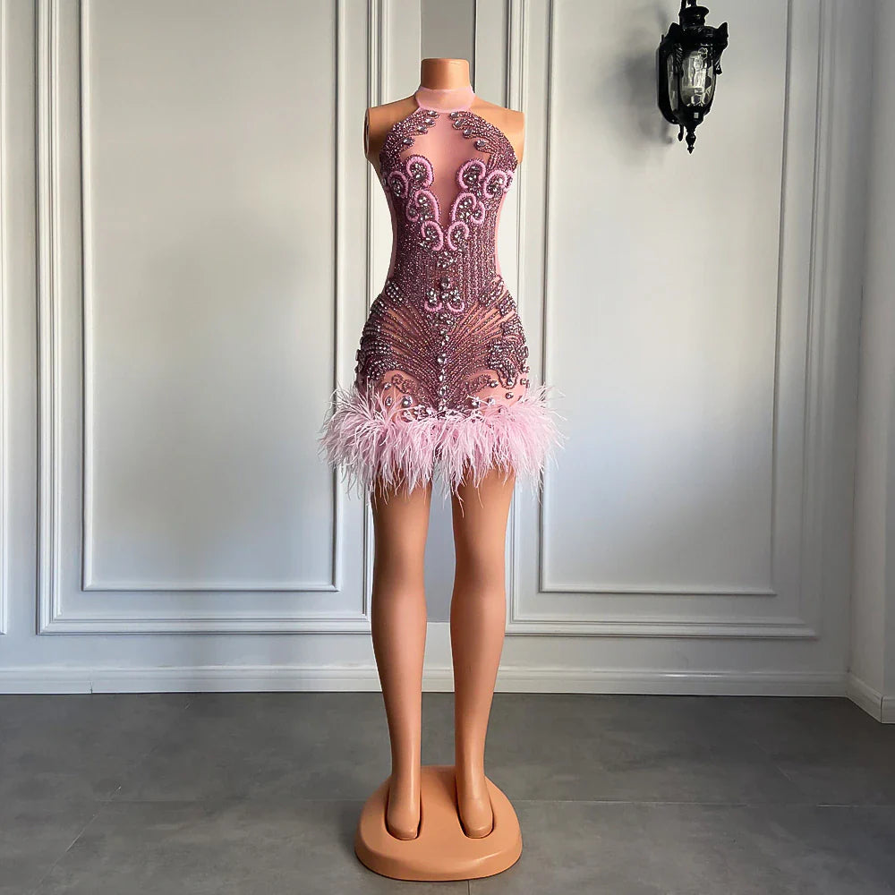 Luxury Pink Diamond Women Birthday Dress Sexy See Through Feather Formal Occasion Cocktail Black Girls Short Prom Dresses Luxury Pink Diamond Women Birthday Dress Sexy See Through Feather Formal Occasion Cocktail Black Girls Short Prom Dresses