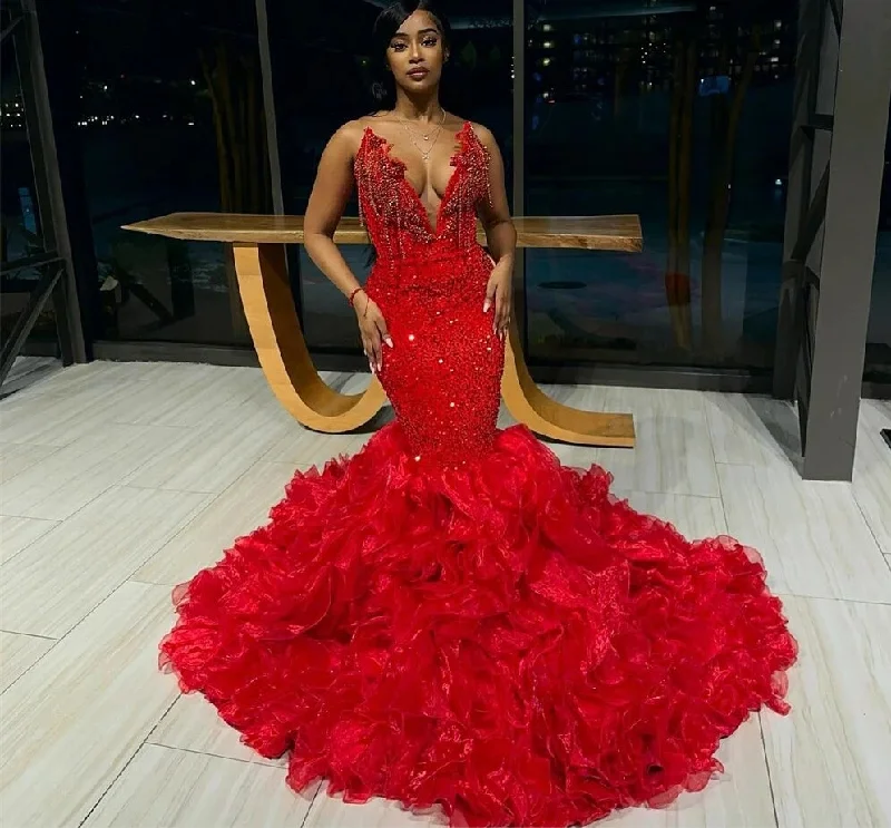 Hand Make Crystal Tassels Red Sweetheart Luxury Prom Dresses Black Girls Baddie Dresses For Birthday African vestidos de gala Hand Make Crystal Tassels Red Sweetheart Luxury Prom Dresses Black Girls Baddie Dresses For Birthday African vestidos de gala