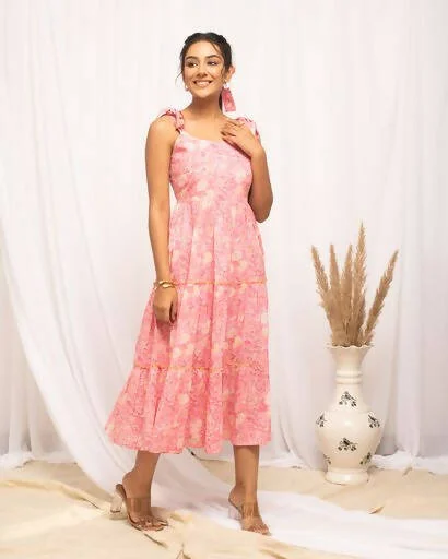 FIORRA Women's Peach Cotton Floral Printed Western Dress