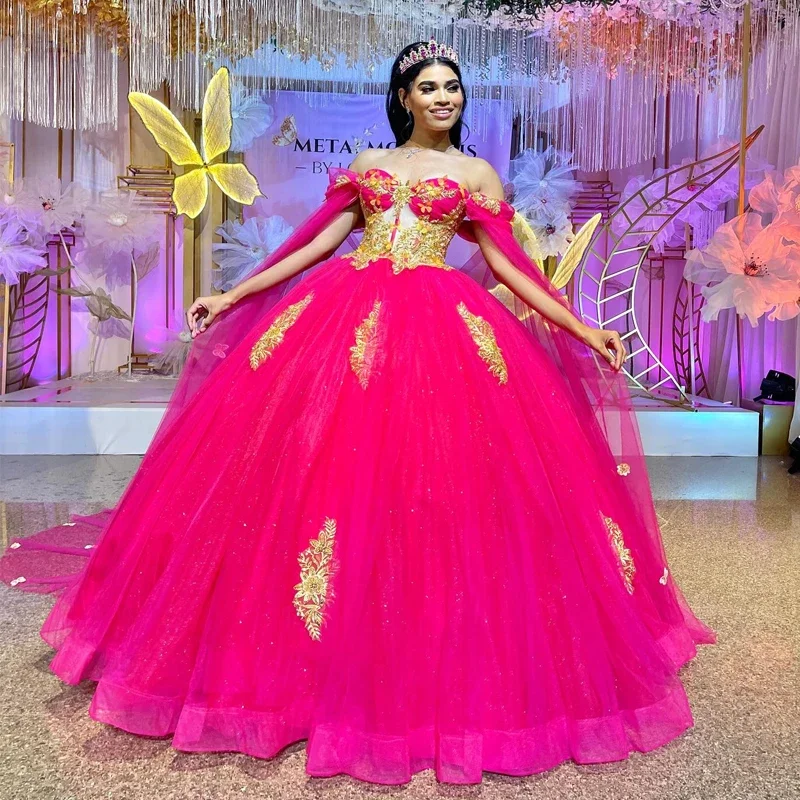 Red Shiny Off Shoulder Gold Appliques Ball Gowns Quinceanera Dresses Beaded Lace With Cape Vestidos De 15 Años Red Shiny Off Shoulder Gold Appliques Ball Gowns Quinceanera Dresses Beaded Lace With Cape Vestidos De 15 Años