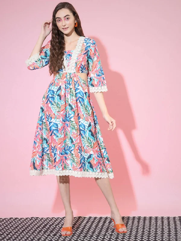 Myshka Women's Multi Floral Printed Fit and Flare Dress