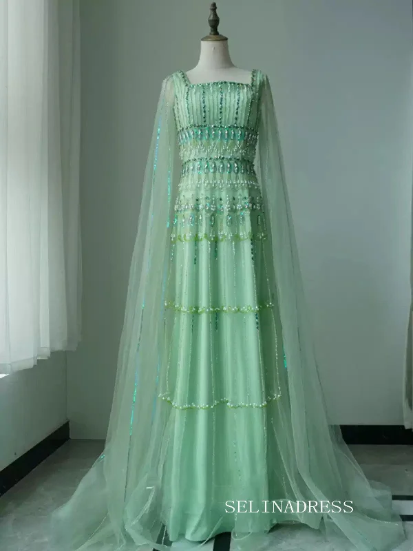 A-line Square Green Long Prom Dress High Quality Evening Gowns CN005