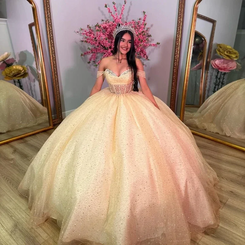 Champagne Shiny Quinceanera Dress Straps Off Shoulder Sweet 16 Years Gowns Birthday Party Princess Puffy Ball Gown Formal Vestid Champagne Shiny Quinceanera Dress Straps Off Shoulder Sweet 16 Years Gowns Birthday Party Princess Puffy Ball Gown Formal Vestid