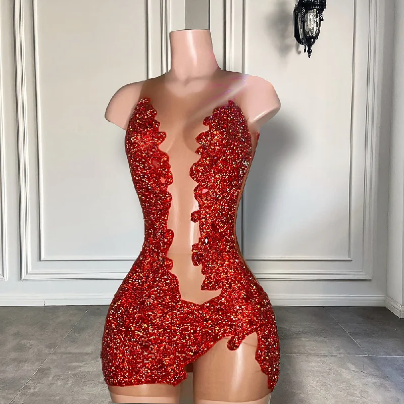 Sheer Sexy See Through Women Birthday Party Formal Gowns Mini Design Red Sparkly Diamond Black Girls Short Prom Dresses Sheer Sexy See Through Women Birthday Party Formal Gowns Mini Design Red Sparkly Diamond Black Girls Short Prom Dresses