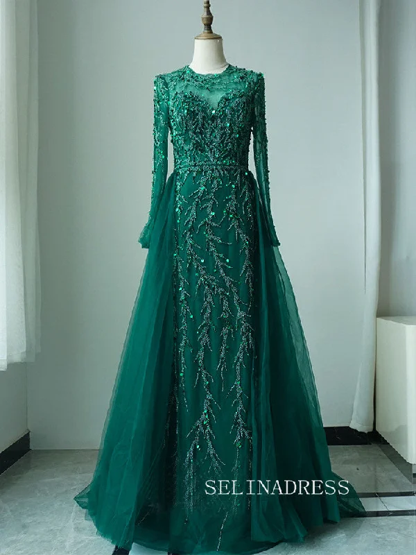 Luxurious Green Arabic Long Sleeves Beaded Long Formal Evening Dress With Skirt ALI0013 Luxurious Green Arabic Long Sleeves Beaded Long Formal Evening Dress With Skirt ALI0013