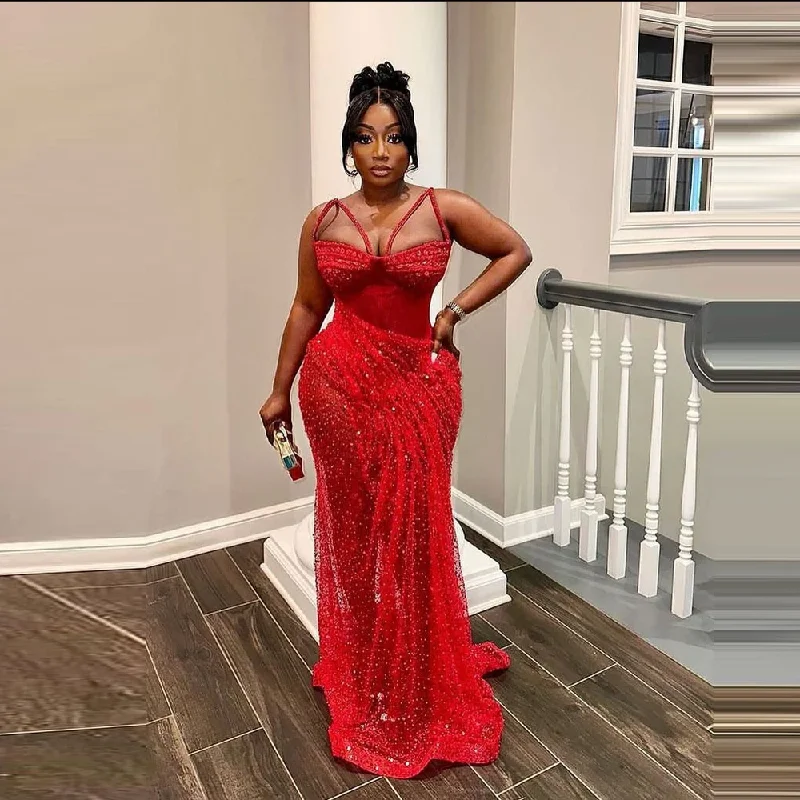 Red Sequined Lace Prom Dresses Sweeetheart Sequins Sleeveless Pleats Aso Ebi Evening Dress Special Occasion Formal Gowns Red Sequined Lace Prom Dresses Sweeetheart Sequins Sleeveless Pleats Aso Ebi Evening Dress Special Occasion Formal Gowns