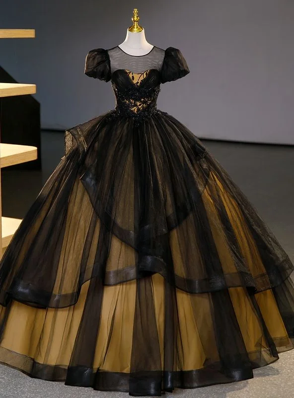 Black Tulle Puff Sleeves Appliques Beading Quinceanera Dress Sweet 16 Ball Gown cc2329 Black Tulle Puff Sleeves Appliques Beading Quinceanera Dress Sweet 16 Ball Gown cc2329