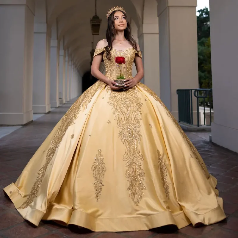 Golden Quinceanera Dress Princess Sweet 15 16 Years Birthday Party Gown Gift Long Puffy Skirt Off Shoulde Formal Pageant Golden Quinceanera Dress Princess Sweet 15 16 Years Birthday Party Gown Gift Long Puffy Skirt Off Shoulde Formal Pageant