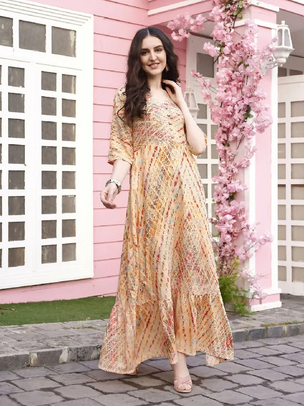 Peach Rayon Foil Printed Long Dress - Michan