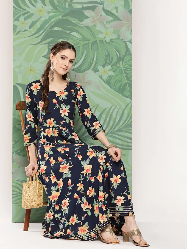 InWeave Women's Black Tropical Print Gota Long Dress