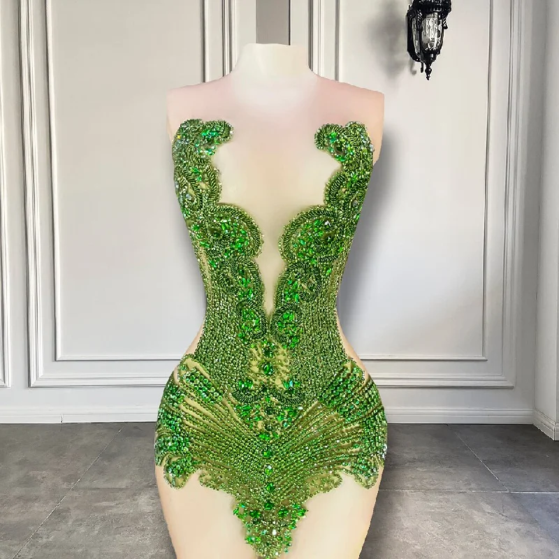 New Sexy See Through Women Birthday Party Formal Gowns Luxury Sparkly Olive Green Diamond Black Girls Short Prom Dresses New Sexy See Through Women Birthday Party Formal Gowns Luxury Sparkly Olive Green Diamond Black Girls Short Prom Dresses