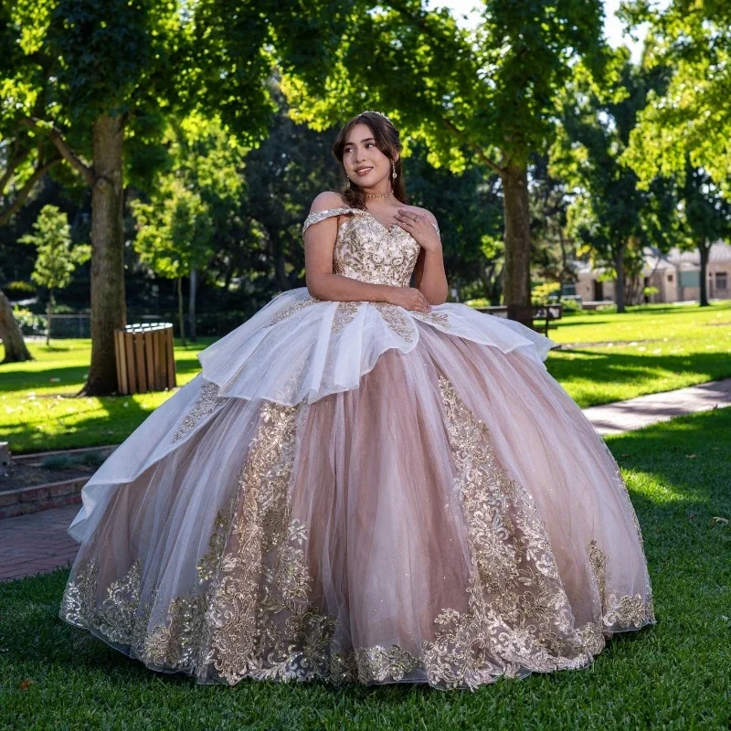 Sexy Off Shoulder Ball Gown Quinceanera Dress 2024 Tulle Gold Appliques Lace Sweet 15 16 Years Birthday Party Formal Sexy Off Shoulder Ball Gown Quinceanera Dress 2024 Tulle Gold Appliques Lace Sweet 15 16 Years Birthday Party Formal