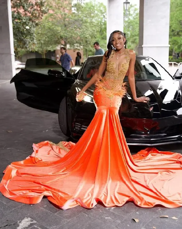 Orange Luxury Long Mermaid Prom Dresses for Women 2024 Sparkly Diamond Velvet African Black Girl Evening Gala Gown Orange Luxury Long Mermaid Prom Dresses for Women 2024 Sparkly Diamond Velvet African Black Girl Evening Gala Gown